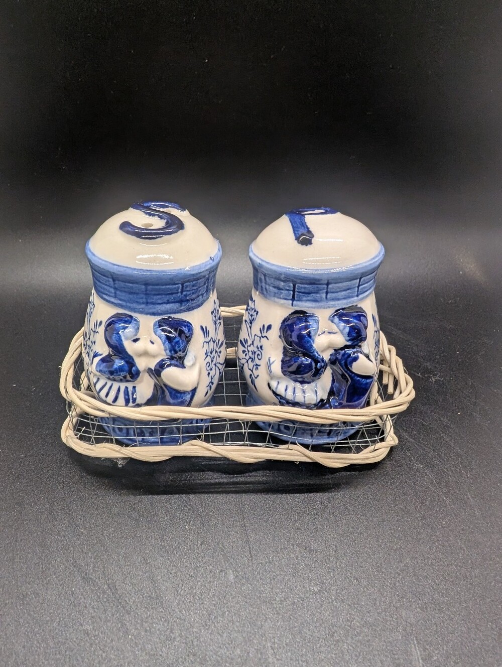 Vintage Delft Deco Blue Dutch Boy and Girl Kissing Figures Salt And Pepper Set